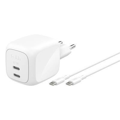 Belkin WCH020KQ2MWH-B6 BoostCharge Pro 2-Port USB-C GaN 67W Şarj Adaptörü + USB-C Kablosu – Beyaz