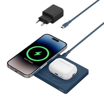 Belkin WIZ019VFBL-APL BoostCharge Pro 2‑in‑1 MagSafe 15W Kablosuz Şarj Standı - Mavi