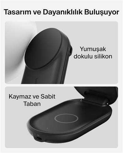 Belkin WIZ039KQBK UltraCharge 2-in-1 Katlanabilir Qi2 25W MagSafe Uyumlu Kablosuz Şarj Standı - Siyah