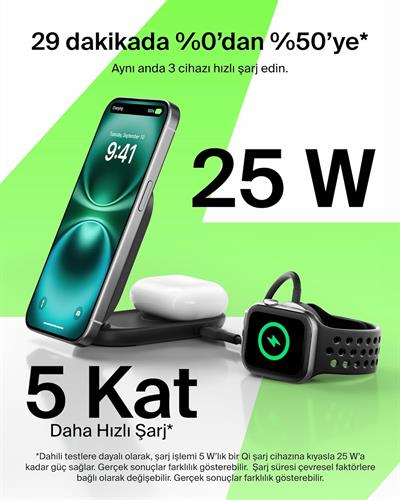 Belkin WIZ039KQBK UltraCharge 2-in-1 Katlanabilir Qi2 25W MagSafe Uyumlu Kablosuz Şarj Standı - Siyah