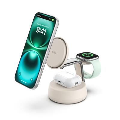 Belkin WIZ040KQSD BoostCharge Pro 3-in-1 Qi2 MagSafe Uyumlu 25W Manyetik Şarj Standı – Bej