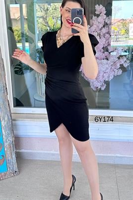 Kruvaze Yaka Büzgülü Krep Elbise