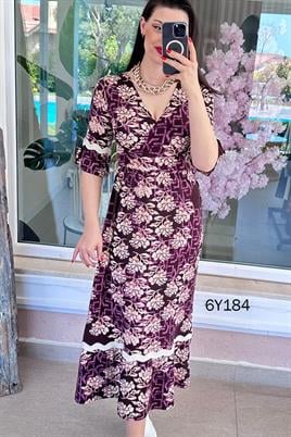 Kruvaze Yaka Su Taşı Detay Viskon Elbise