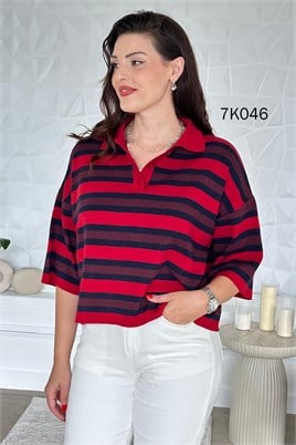 Polo Yaka Çizgili Triko Bluz