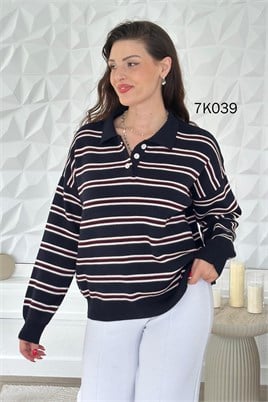 Polo Yaka Çizgili Triko Bluz