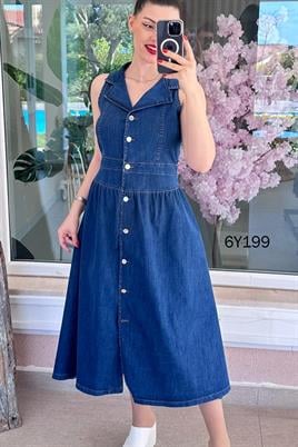 Polo Yaka Metal Düğmeli Kot Elbise