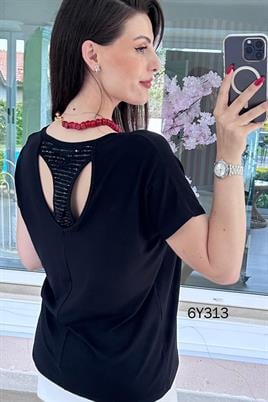 V Yaka Pul Payet Detaylı Viskon Penye Bluz