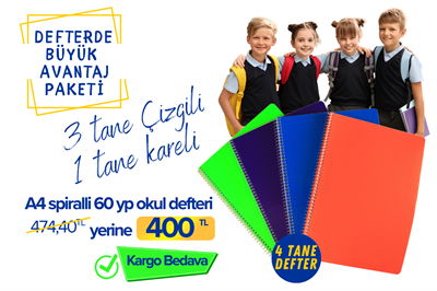 3 Çizgili 1 Kareli Defter A4 Spiralli Okul Seti - Kargo Bedava