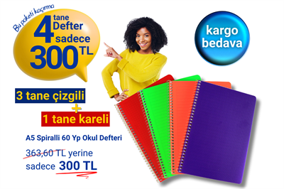 3 Çizgili 1 Kareli Defter A5 Spiralli Okul Seti - Kargo Bedava
