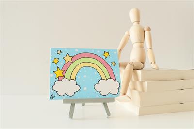Duralit Üzerine Akrilik Boya Resim - 10,3cm x 14cm - Resim + Şövale Bir Arada - Bulut ve Gökkuşağı