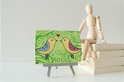 Duralit Üzerine Akrilik Boya Resim - 10,3cm x 14cm - Resim + Şövale Bir Arada - İki Aşık Kuş