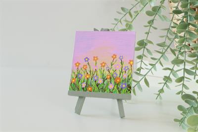 Duralit Üzerine Akrilik Boya Resim - 10cm x 10cm - Resim + Şövale Bir Arada - Renkli Çiçekler