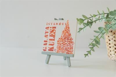 Duralit Üzerine Akrilik Boya Resim - 10cm x 10cm - Resim + Şövale Bir Arada - İstanbul Galata Kulesi Desen ve Yazılı