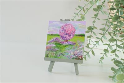 Duralit Üzerine Akrilik Boya Resim - 10cm x 10cm - Resim + Şövale Bir Arada - Renkli Ağaç ve Manzara