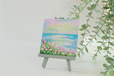 Duralit Üzerine Akrilik Boya Resim - 10cm x 10cm - Resim + Şövale Bir Arada - Deniz Manzarası ve Pembe Çiçekler