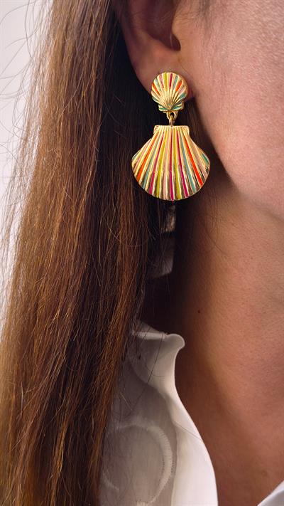  Sallantılı Plaka İkili Renkli Midye Küpe 