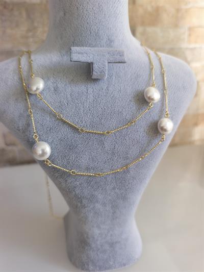 Altın Kaplama Ara Zincir Barok İncili Kolye (90 cm)