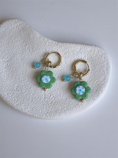 Altın Kaplama Porselen Çiçek Charmlı Halka Küpe Gold 