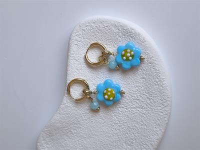 Altın Kaplama Porselen Çiçek Charmlı Halka Küpe Gold 