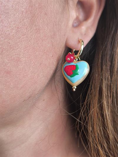 Altın Kaplama Porselen Kalp Charmlı Halka Küpe Gold 