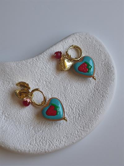 Altın Kaplama Porselen Kalp Charmlı Halka Küpe Gold 