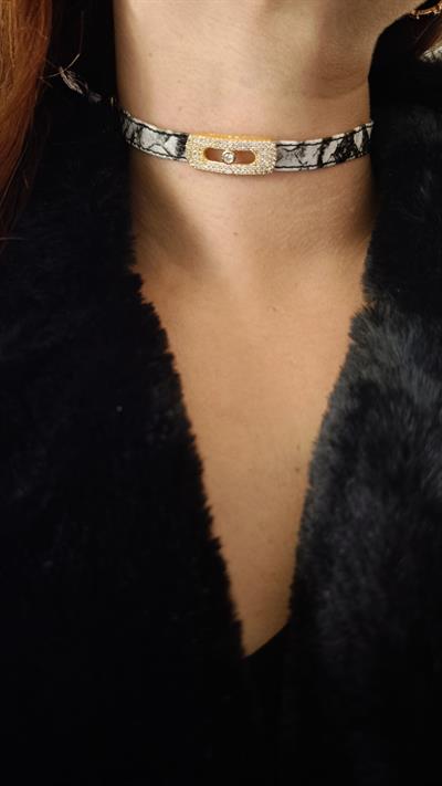  Siyah Beyaz Desen Deri Gold Detaylı Bileklik Choker