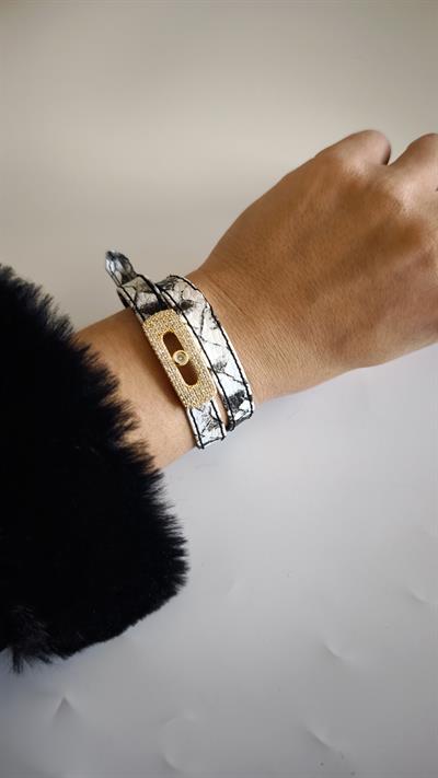  Siyah Beyaz Desen Deri Gold Detaylı Bileklik Choker