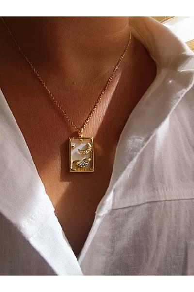 Çelik Ay Figür Zirkon Taş Detay Tarot Kart Uç Kolye