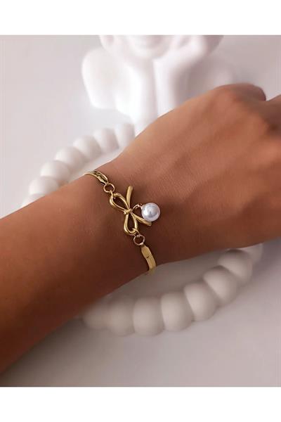 Çelik Fiyonk İnci Detaylı Gold Bileklik