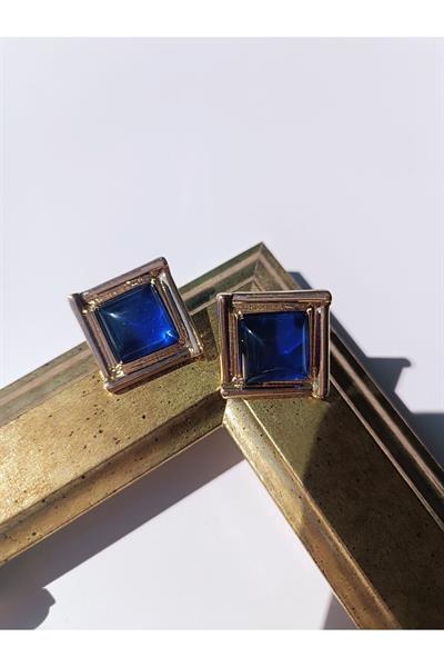 Çelik Kare Mavi Taşlı Gold Detaylı Küpe
