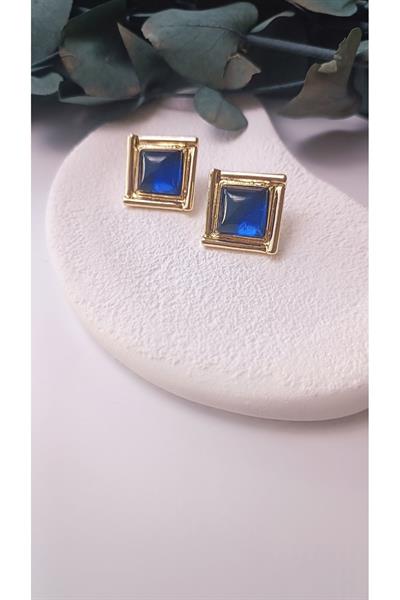 Çelik Kare Mavi Taşlı Gold Detaylı Küpe