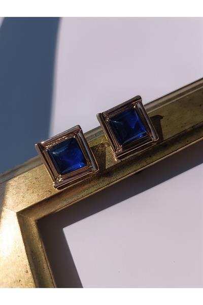 Çelik Kare Mavi Taşlı Gold Detaylı Küpe