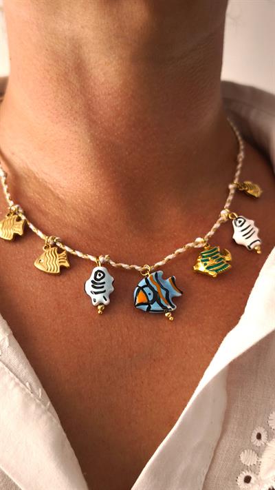 Gold Çelik Balık Charmlı İp Kolye