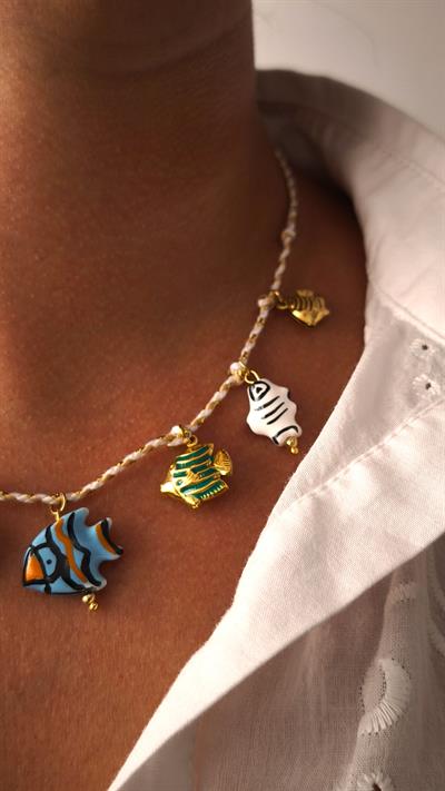 Gold Çelik Balık Charmlı İp Kolye