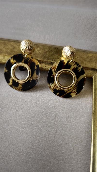 Gold Detaylı Yuvarlak Leopar Desen Küpe