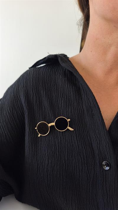 Gold Kenarlı Siyah Gözlük Broş