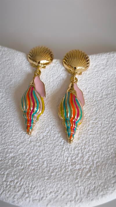 Gold Plakalı Midye Renkli Deniz Kabuğu Sallantılı Küpe