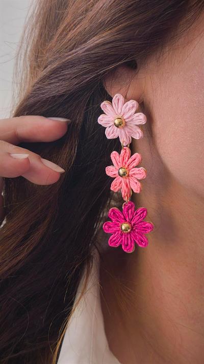 Gold Topçuk Detay Hasır Çiçek Figür Küpe