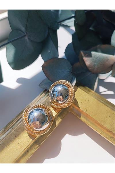 Gold ve Silver Detaylı İki Renk Oval Çelik Küpe