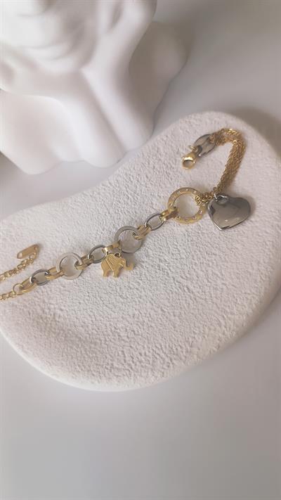 Gold ve Silver Yuvalak Zincir Kalp Fil Figürlü Bileklik