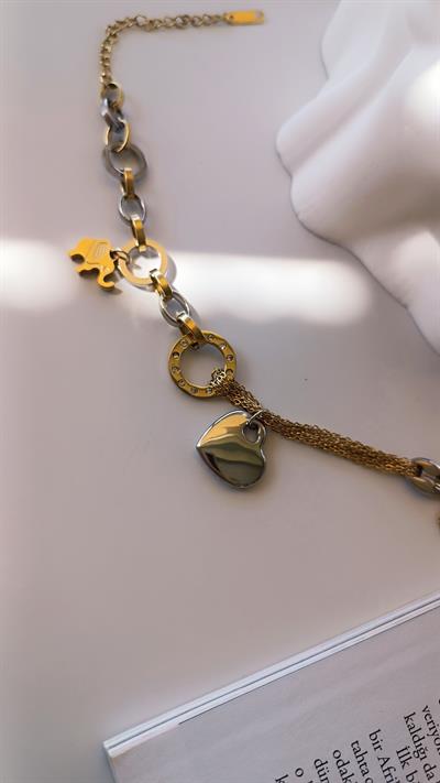 Gold ve Silver Yuvalak Zincir Kalp Fil Figürlü Bileklik