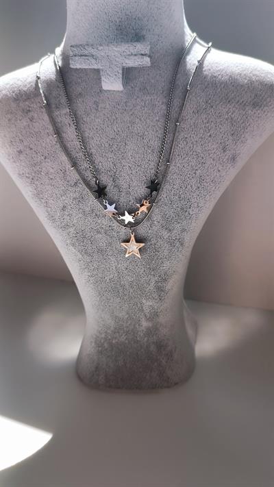 İkili Topçuk Zincir Yıldız Sıralı Hareli Yıldız Uçlu Kolye