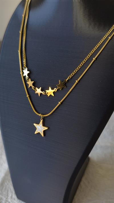 İkili Topçuk Zincir Yıldız Sıralı Hareli Yıldız Uçlu Kolye