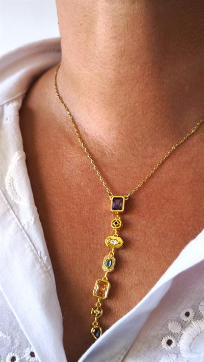 İrili Ufaklı Renkli Taşlı 7 Element Y Kolye