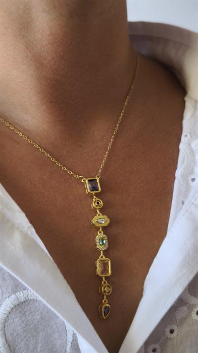 İrili Ufaklı Renkli Taşlı 7 Element Y Kolye