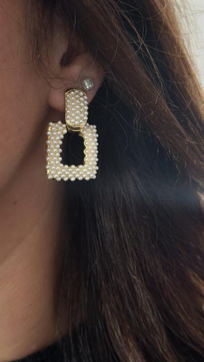 Kare Gold  Plaka Üzeri İncili Küpe