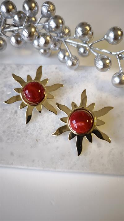 Kırmızı Renk Plaka Detay Güneş Figür Küpe