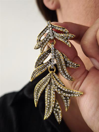Marka Model Eskitilmiş Gold Zirkon Taş Kaplama Yaprak Küpe