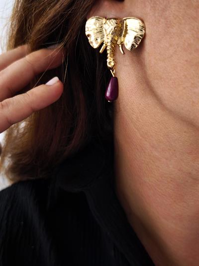 Marka Model Gold Fil Figürlü Bordo Boncuklu Sallantılı Küpe