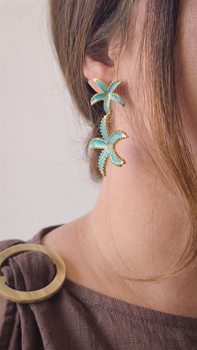 Mavi Mineli İkili Yıldız Figür Sallantılı Küpe